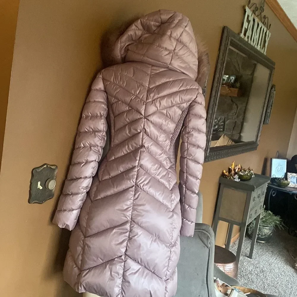 $295 Kenneth Cole Long Puffer Coat hooded fur trim XS